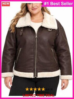 Plus Size Faux Fur Faux Leather Cropped Moto Jacket Shearing Coat